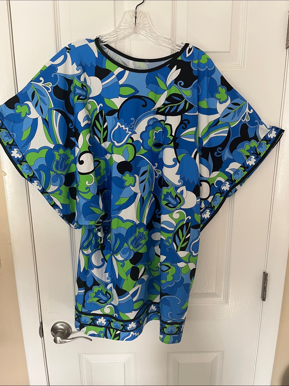 Tara Grinna  floral geo beach swim suit cover up blue green blk baloon sleeve S